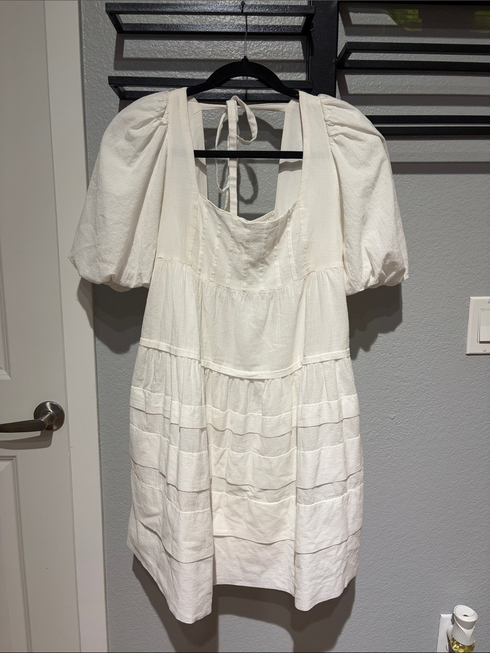 By Anthropologie White Square-Neck Puff-Sleeve Tiered Dress XS